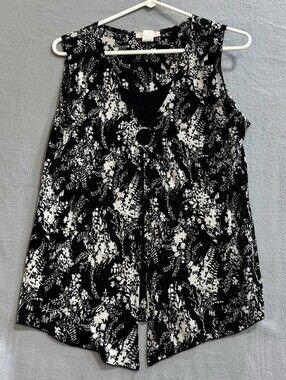OBE Women's Large Black White Floral Sleeveless Blouse Ring Front Pleated Top